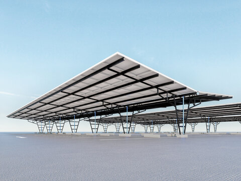 High-resolution 3D visualization of a contemporary solar carport design. The image shows multiple rows of parking spaces covered with photovoltaic panels on a clean concrete surface. Ideal for themes 