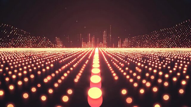 A futuristic perspective of glowing orange dots arranged in rows, creating a sense of depth and space. 4k Video footage.