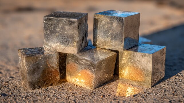 Glistening Pyrite Cubes Stacked in a Rough Pile, Showcasing Natural Metallic Luster and Geometric Formation