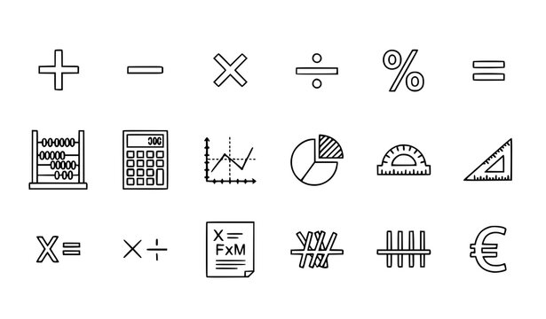 Minimal calculation and math icons vector set with flat design symbols for finance education and business use