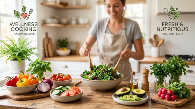 Woman preparing a healthy salad with fresh vegetables in a bright, modern kitchen, promoting wellness and nutritious cooking.