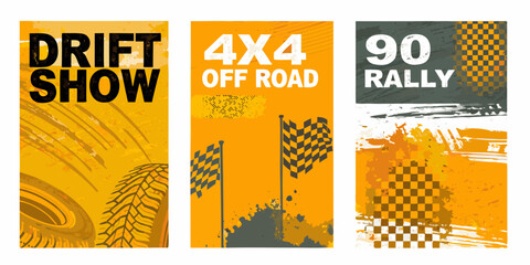 Three vertical banners advertising drift off road and rally motorsport events © Nasir