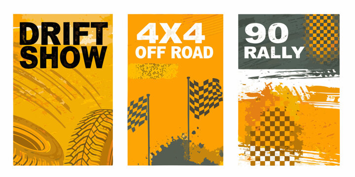 Three vertical banners advertising drift off road and rally motorsport events