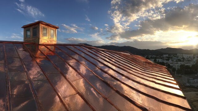 Gleaming copper roof shingles reflecting golden sunset light across a textured surface with a mountainous landscape and cloudy sky.