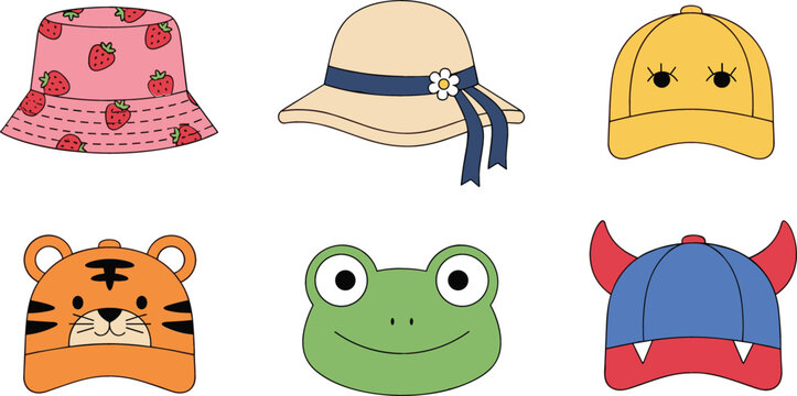 Cute Kids Hats Collection with Animal Faces and Stylish Designs in Flat Illustration for Children Fashion, Accessories, and Playful Apparel Graphics