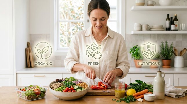 Smiling woman preparing a healthy salad in a bright, modern kitchen, surrounded by fresh ingredients and organic food icons.