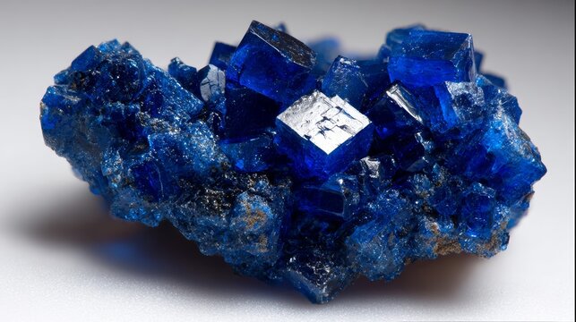 Gleaming cluster of vibrant blue copper sulfate crystals showcasing sharp geometric formations and natural luster.