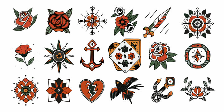 Collection of traditional tattoo flash designs featuring flowers hearts and anchors