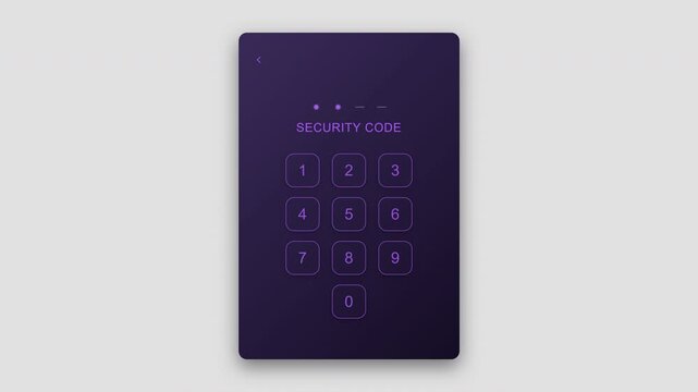 Deep purple violet glowing numeric keypad for security code entry screen featuring four dot input indicators for private mobile app data protection 4K UHD