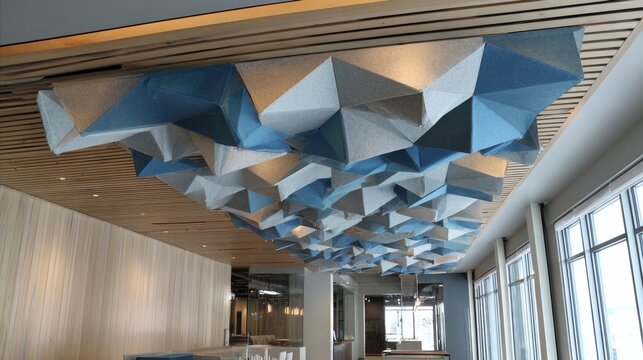 Striking Geometric Acoustic Ceiling Panels in Modern Interior Design with Blue and White Hues
