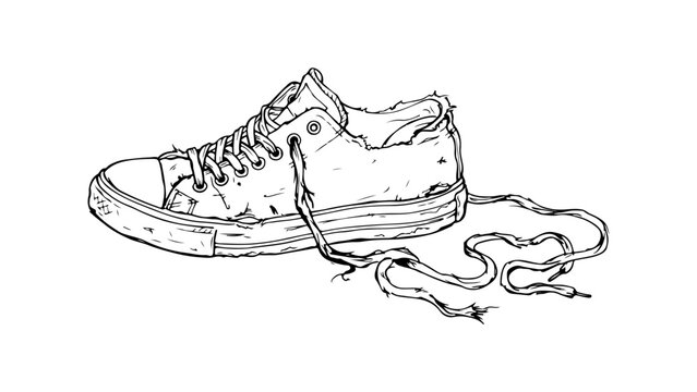 worn canvas sneaker sketch with loose laces and casual retro style illustration