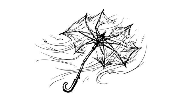 hand-drawn umbrella blown inside-out by wind sketch of broken rain shelter