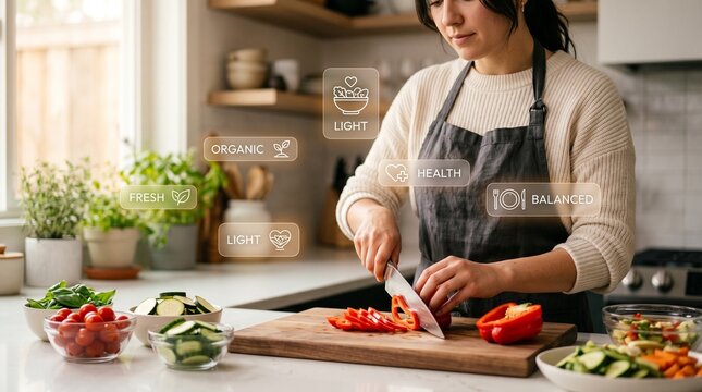 Woman preparing fresh vegetables for a healthy meal in a modern, bright kitchen. Woman chopping bell pepper on cutting board, surrounded by ingredients.