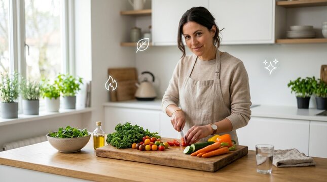 Young woman smiling while preparing fresh vegetables for a healthy meal in a bright, modern kitchen. Woman chopping carrots, zucchini, and tomatoes on a wooden cutting board for a balanced diet.