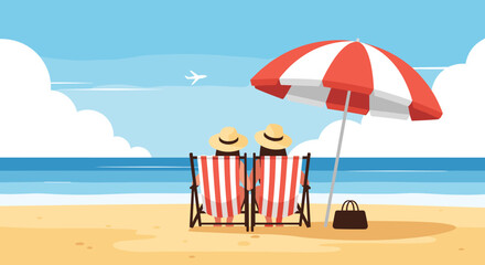 Two people sitting in deck chairs under a striped umbrella on a sunny beach while looking at the blue ocean.