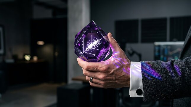A professional businessman holding a glowing purple crystal sphere with a 3d scatter plot data visualization inside in a modern office environment