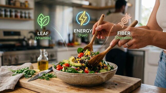 Healthy Eating and Nutrition Concept: Hands tossing a fresh salad, with icons for Leaf, Energy, and Fiber overlayed. Kitchen background.