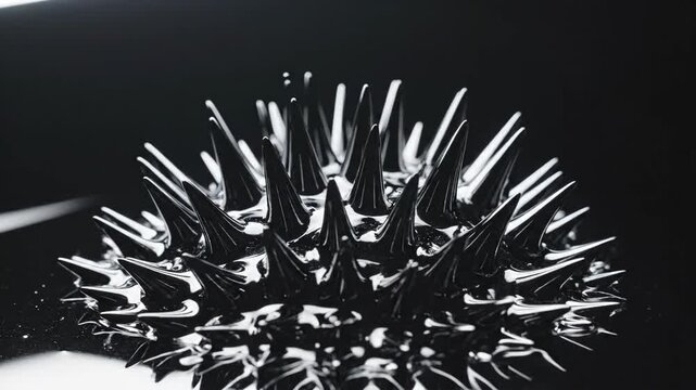 Black ferrofluid spikes reacting to magnetic field, dark abstract science footage.