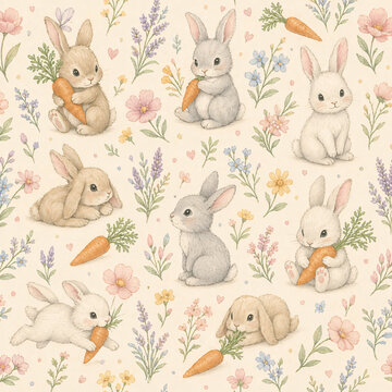 Cute cartoon Easter bunny and egg seamless pattern illustration featuring happy spring hares and baby animals in a fun holiday wallpaper vector design for cards and decorations