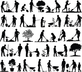 Naklejka premium Silhouettes of people gardening planting and working with tools