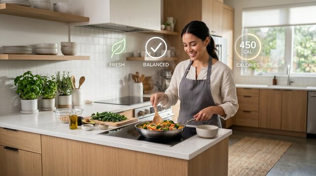 Woman cooking healthy meal in a modern smart kitchen, assisted by AI technology, displaying temperature and cooking status overlays.