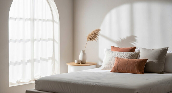 Serene Minimalist Bedroom Corner with Arched Window, Neutral Bedding, and Soft Natural Light &ndash; Cozy Contemporary Home Interior room, bed, hotel, interior, apartment, architecture, bedroom