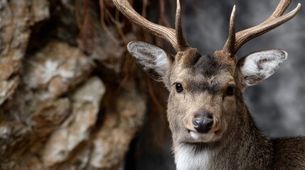 Obraz premium Close-up Portrait of a Majestic Deer with Antlers on Textured Nature Background.