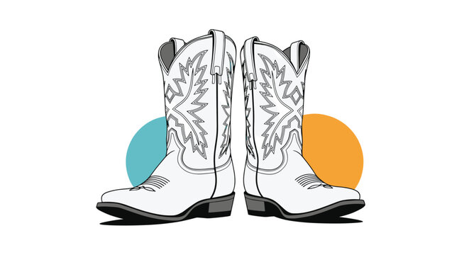 Classic pair of western cowboy boots with intricate decorative stitching against stylized blue and orange circular backgrounds.