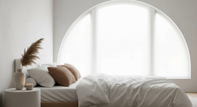 Serene Minimalist Bedroom Corner with Arched Window, Neutral Bedding, and Soft Natural Light &ndash; Cozy Contemporary Home Interior room, bed, hotel, interior, apartment, architecture, bedroom