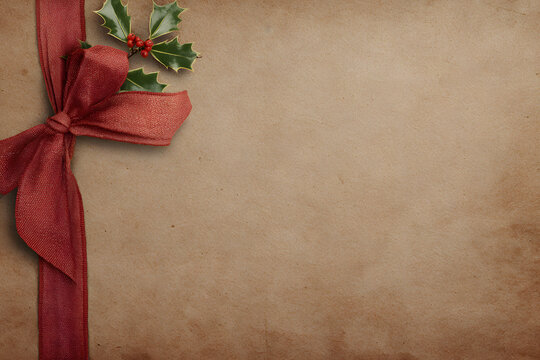 Vintage Christmas background with red ribbon and holly decoration