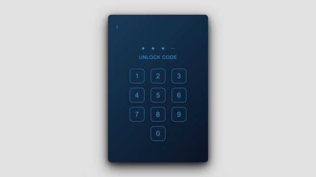 Sleek blue glowing numeric keypad for unlock code screen showing four digit security entry points for mobile software interface login authentication 4K UHD