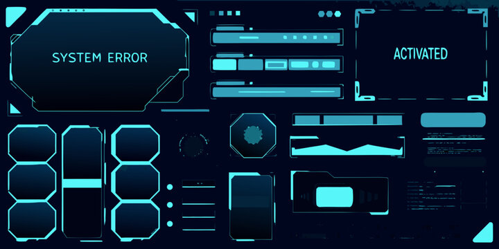 Futuristic user interface elements with system error and activated displays