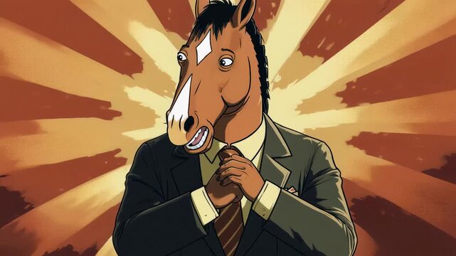 Animated character bojack horseman sweating and nervously adjusting his tie in front of a radial background