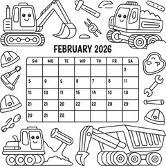 February 2026 construction themed calendar coloring page with trucks