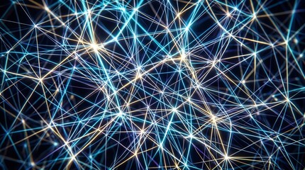 Fototapeta premium Network connections illustrate complex data structures and digital communication pathways through an intricate web of glowing blue and white lines crossing against a solid dark background field.