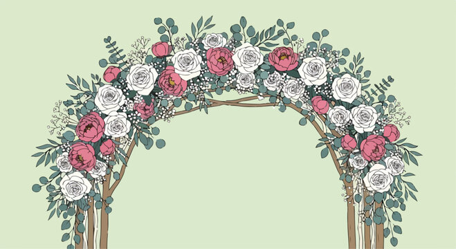 A floral arch with pink and white roses