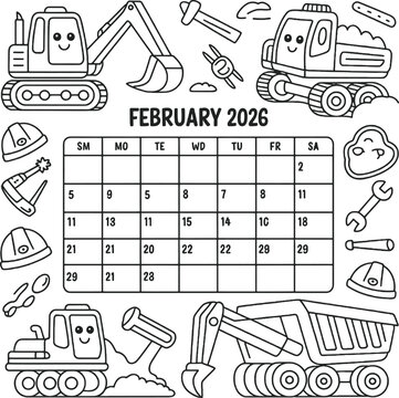 February 2026 construction themed calendar coloring page with trucks