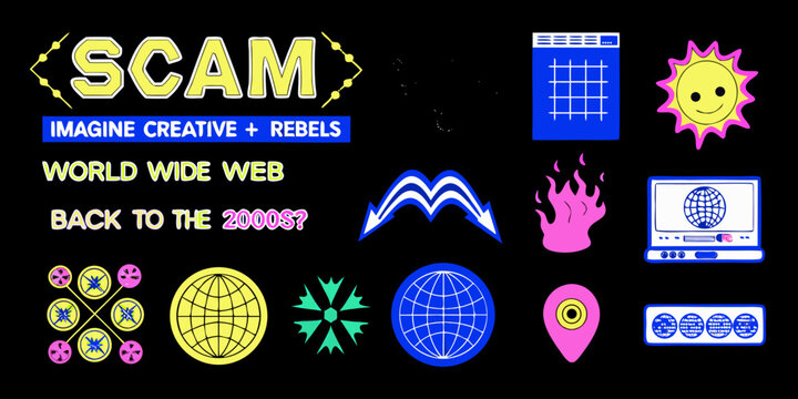 Digital collage with scam text and early internet aesthetic elements