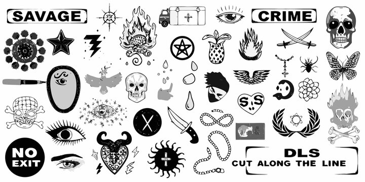 Collection of black and white tattoo style flash designs and symbolic imagery