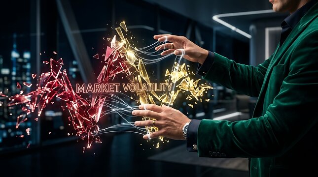A businessman in a green velvet suit manipulating a glowing holographic graph representing market volatility in a modern office setting