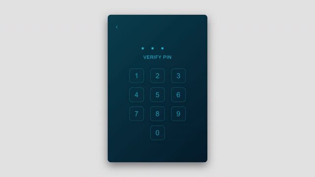Minimalist digital keypad interface for verify pin screen featuring glowing teal numeric buttons and four character security code input on dark background 4K UHD
