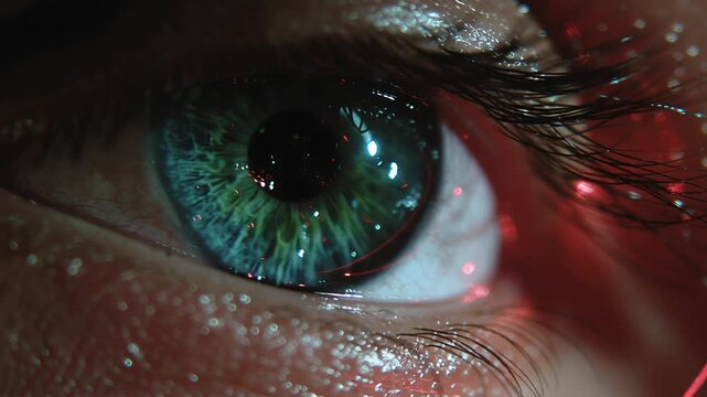 Vibrant concert with lasers and cheering crowd concept. Close up of green human eye with detailed iris and red light reflections in macro photography