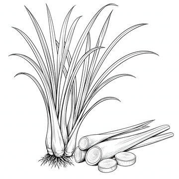 Detailed black and white vector illustration of lemongrass (sereh) plant with stalks, roots, and sliced stems. Clean line art style with high contrast, ideal for culinary, herbal, and botanical design