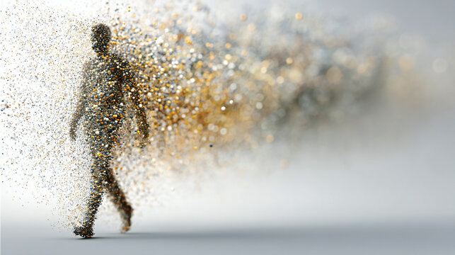 Human silhouette walking through cloud of microscopic mold spores and particles. Concept for airborne contamination, respiratory danger, indoor allergy symptoms, fungal exposure, and environmental