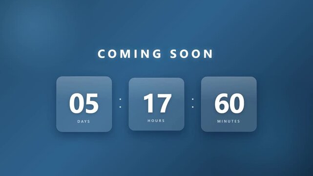 Coming soon flip countdown timer animation with days hours minutes on blue background