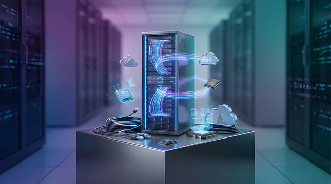 Modern server rack processing global data with secure cloud storage and advanced computing technology.