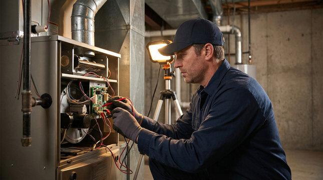 Professional HVAC technician inspecting residential furnace system in basement while taking notes, showcasing maintenance, repair service, heating system check, safety inspection, and home service wor