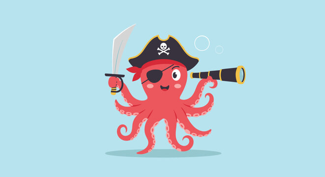 Brave pirate octopus wearing a black hat and eye patch holds a sharp sword and a brass spyglass in a fun and colorful marine themed illustration.