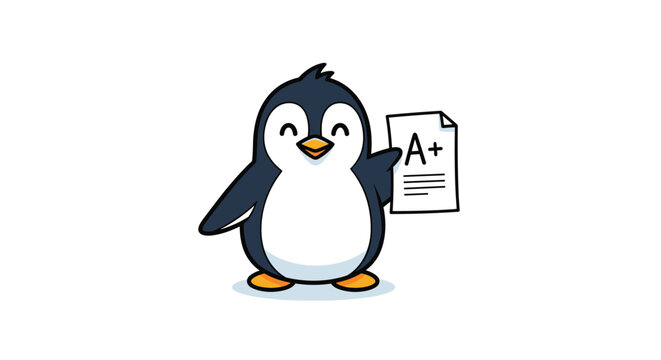 Happy cartoon penguin proudly displays an A plus school test paper with a wide smile and a joyful expression against a clean white background.