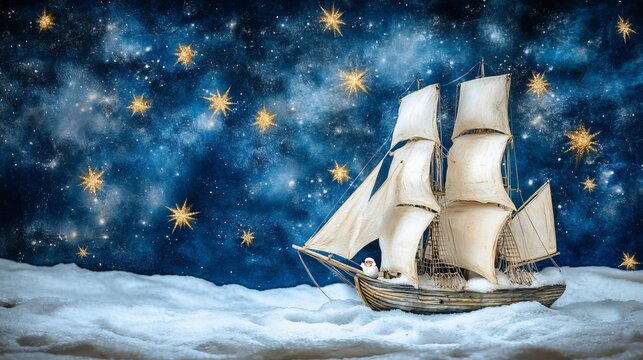 Magical snowy ship voyage under a starry night sky, a festive Christmas adventure awaits all aboard